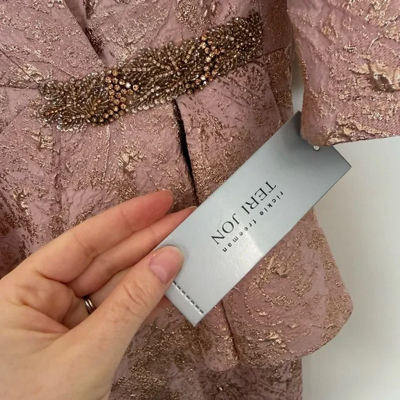 NWT NEW Teri Jon 229041 Blush Peplum Stretch Metallic Jacquard Gown with Beads